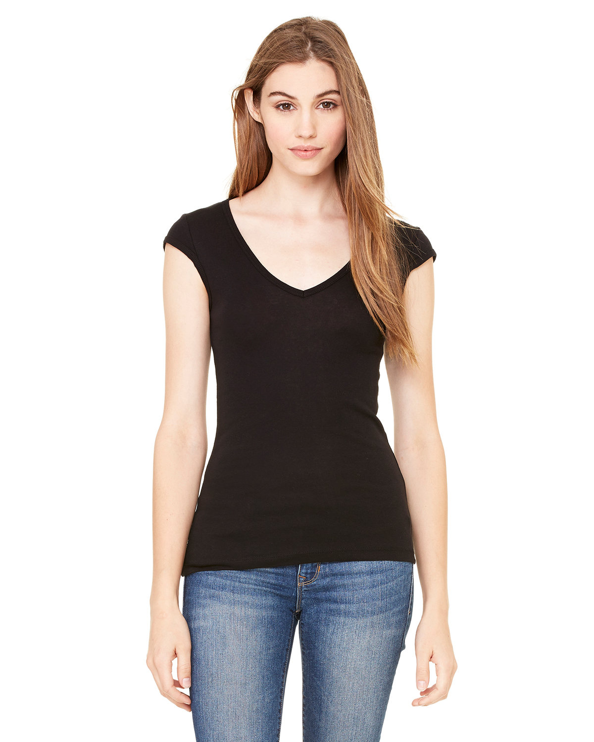 Bella + Canvas B8705 Ladie's Sheer Mini Rib Cap-Sleeve Deep V-Neck T-Shirt