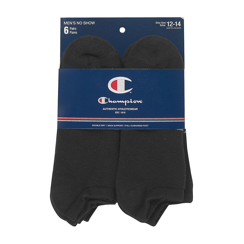 Champion CH608A Double Dry Performance Men's Black No-Show Socks 6-Pack